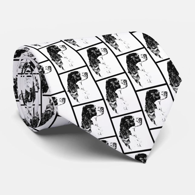 English Springer Spaniel Dog Black White Art  Neck Tie (Rolled)