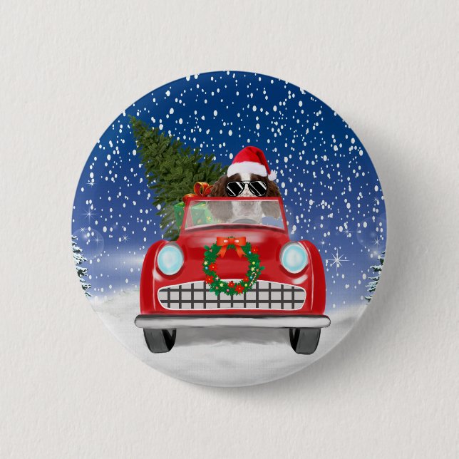 English Springer Spaniel Dog Car In Snow Christmas Button (Front)