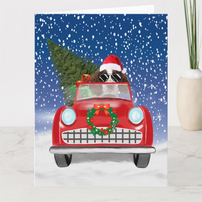 English Springer Spaniel Dog Car In Snow Christmas Card (Front)