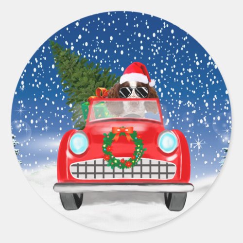 English Springer Spaniel Dog Car In Snow Christmas Classic Round Sticker