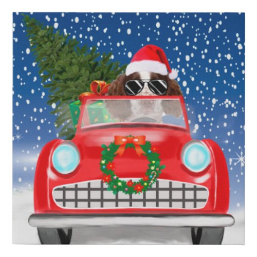 English Springer Spaniel Dog Car In Snow Christmas Faux Canvas Print