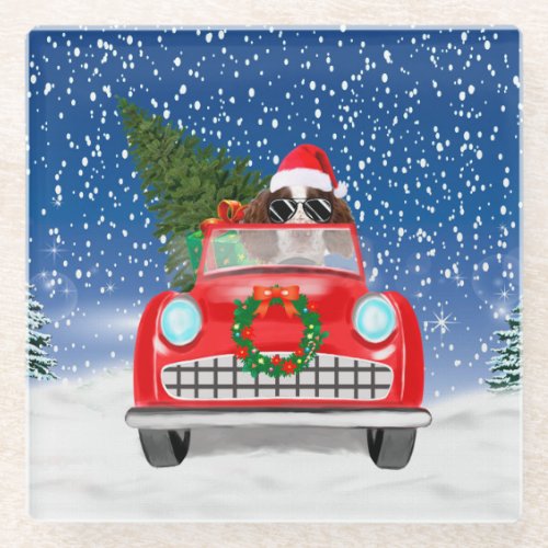 English Springer Spaniel Dog Car In Snow Christmas Glass Coaster