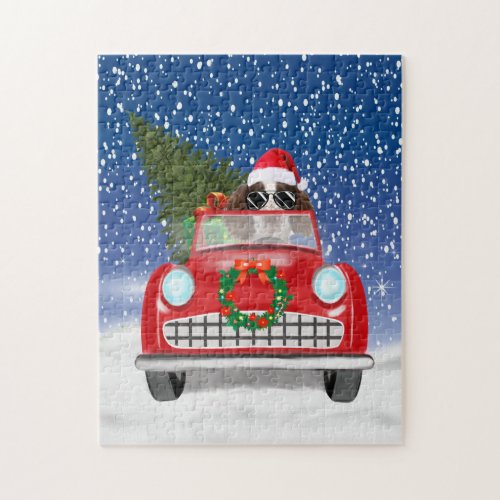 English Springer Spaniel Dog Car In Snow Christmas Jigsaw Puzzle