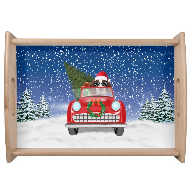 English Springer Spaniel Dog Car In Snow Christmas Serving Tray (Front)