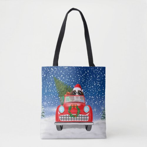 English Springer Spaniel Dog Car In Snow Christmas Tote Bag