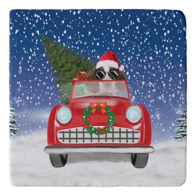 English Springer Spaniel Dog Car In Snow Christmas Trivet (Front)