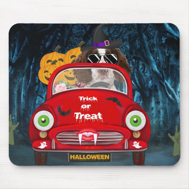 English Springer Spaniel dog Car Scary Halloween  Mouse Pad (Front)