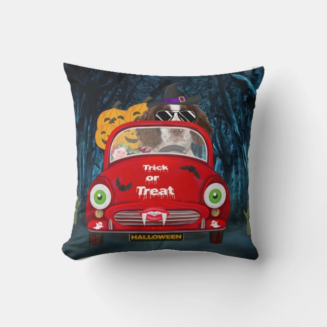English Springer Spaniel dog Car Scary Halloween Throw Pillow (Front)