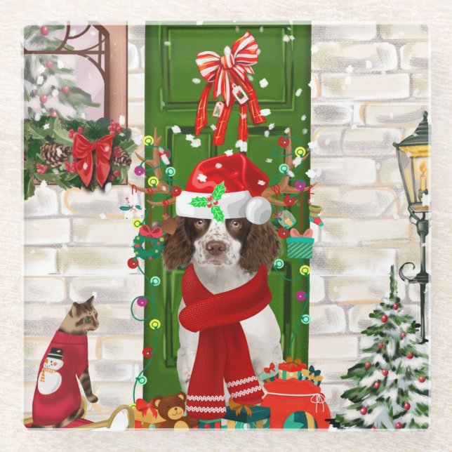 English Springer Spaniel Dog Christmas Glass Coaster (Front)