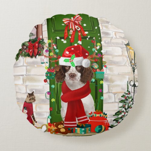 English Springer Spaniel Dog Christmas  Round Pillow