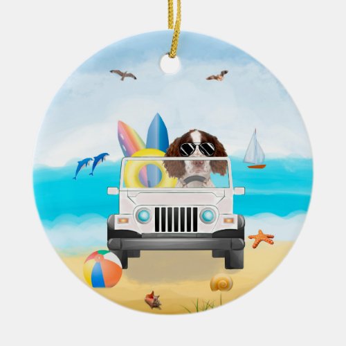 English Springer Spaniel Dog Driving on Beach  Ceramic Ornament