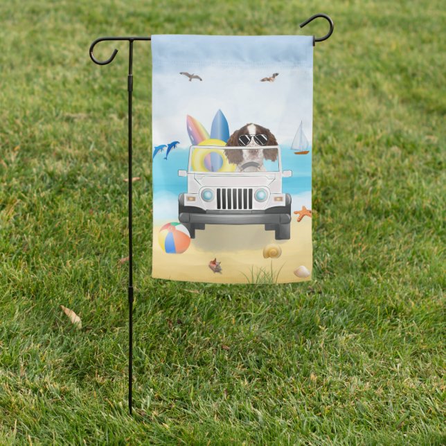 English Springer Spaniel  Dog Driving on Beach Garden Flag (In SItu)