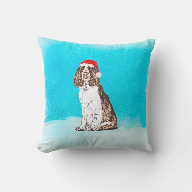English Springer Spaniel Dog in Snow Santa Hat Throw Pillow (Front)