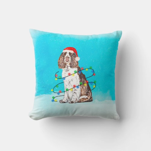 English Springer Spaniel Dog in Snow Santa Hat Throw Pillow