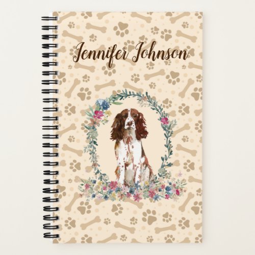 English Springer Spaniel Dog Paw Print  Floral Notebook