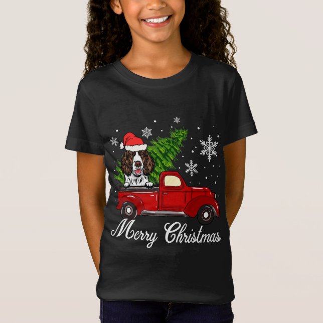 English Springer Spaniel Dog Riding Red Truck Chri T-Shirt (Front)