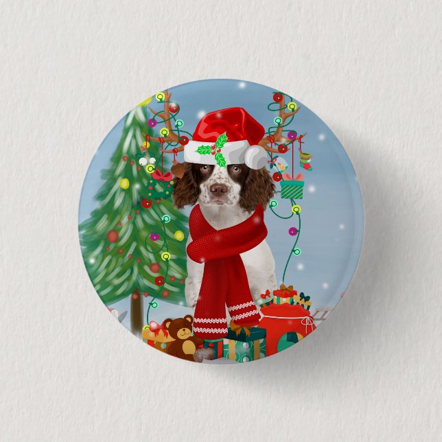 English Springer Spaniel dog with Christmas gifts  Button (Front)