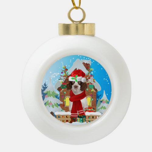 English Springer Spaniel dog with Christmas gifts Ceramic Ball Christmas Ornament