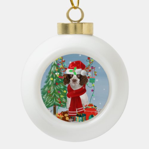 English Springer Spaniel dog with Christmas gifts  Ceramic Ball Christmas Ornament