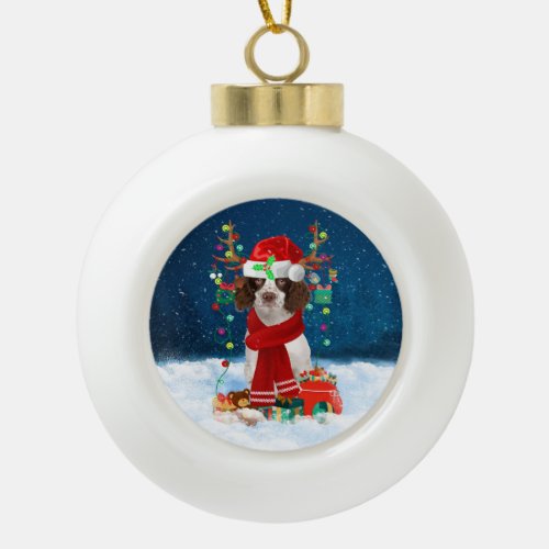 English Springer Spaniel dog with Christmas gifts Ceramic Ball Christmas Ornament