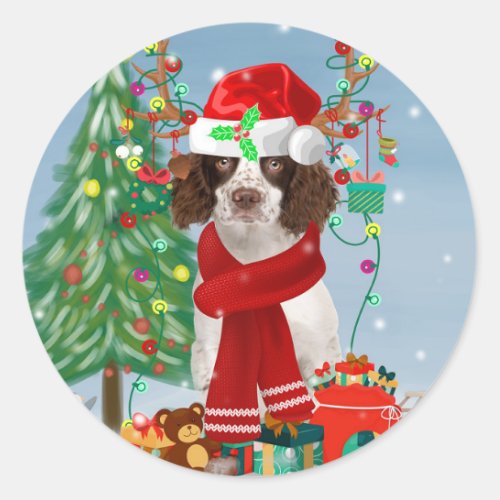 English Springer Spaniel dog with Christmas gifts  Classic Round Sticker