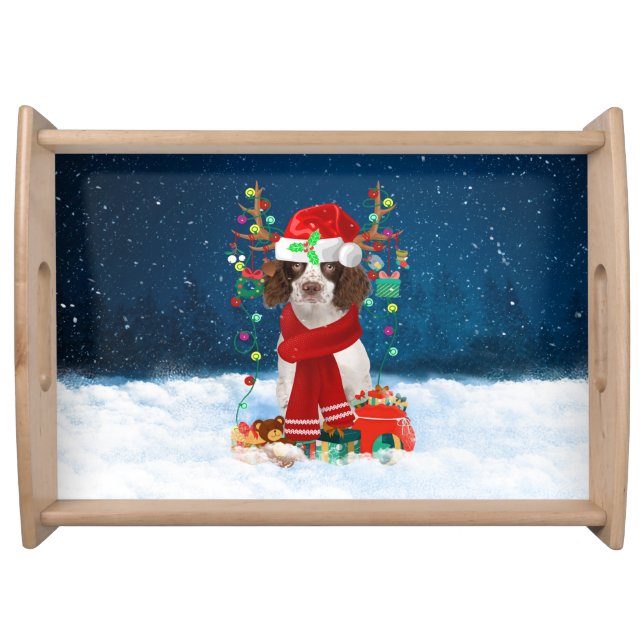 English Springer Spaniel dog with Christmas gifts  Serving Tray (Front)