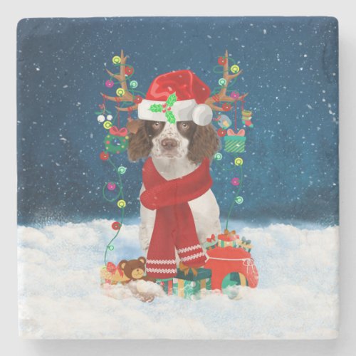 English Springer Spaniel dog with Christmas gifts  Stone Coaster