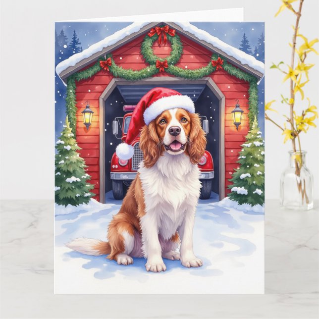 English Springer Spaniel Fire Station Santa Card (Yellow Flower)