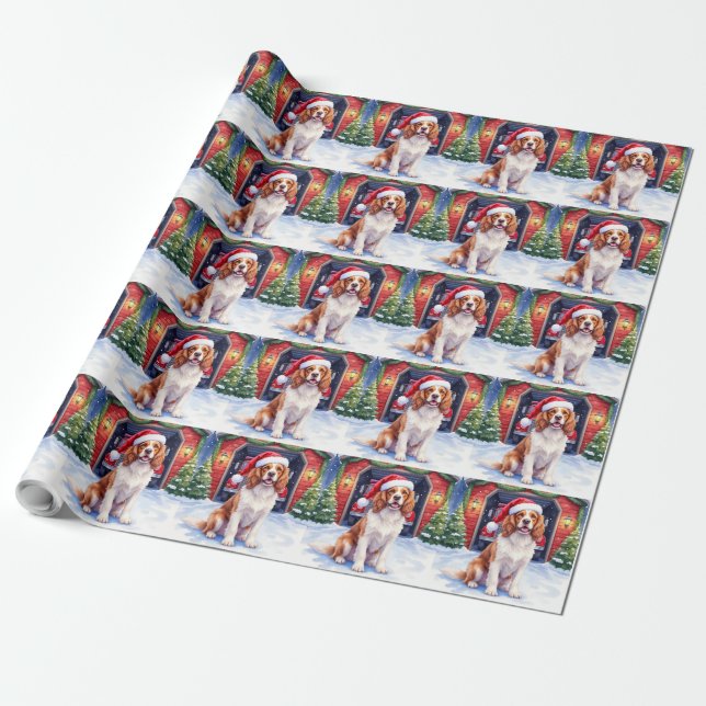 English Springer Spaniel Fire Station Santa Wrapping Paper (Unrolled)