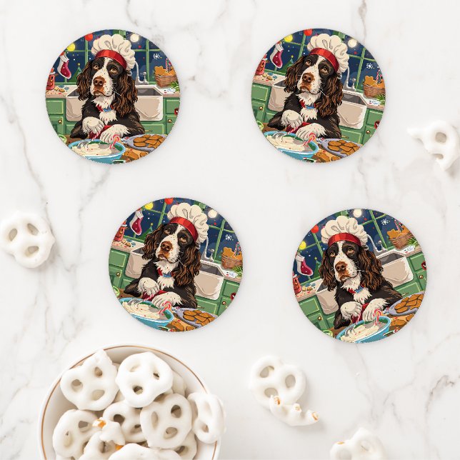 English Springer Spaniel Holiday Baking: Festive  Coaster Set (In Situ)
