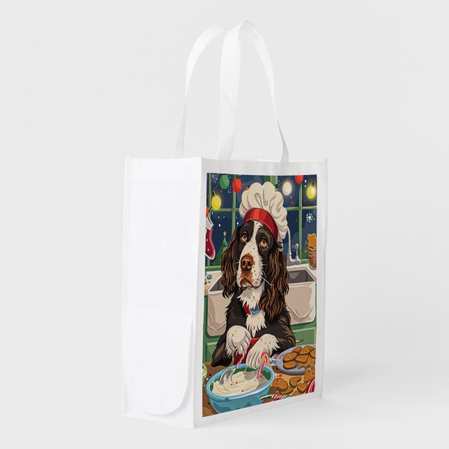 English Springer Spaniel Holiday Baking: Festive  Grocery Bag (Front Side)
