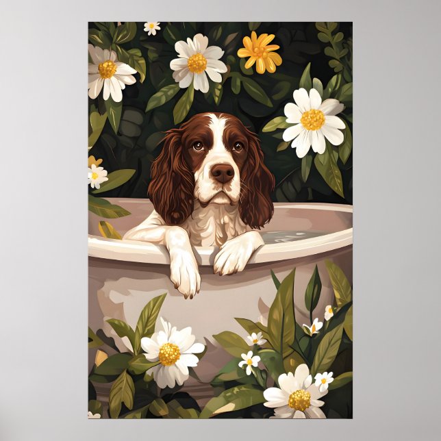 English Springer Spaniel In Bathtub Poster, Funny Poster (Front)