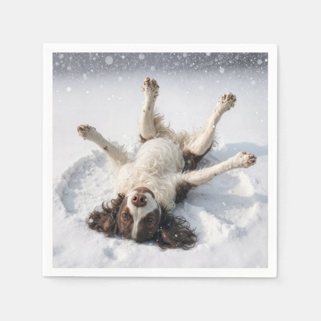 English Springer Spaniel Making a Snow Angel Napkins (Front)