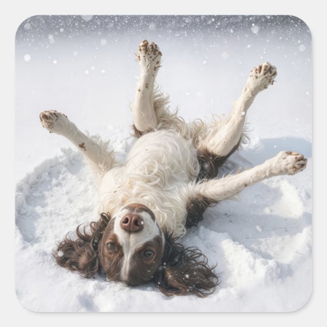 English Springer Spaniel Making a Snow Angel Square Sticker (Front)