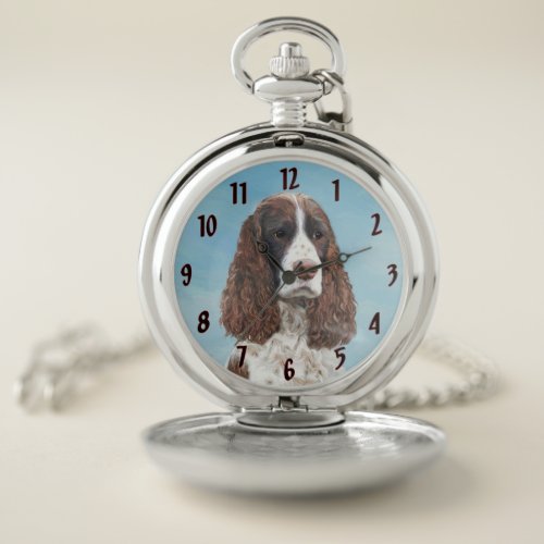 English Springer Spaniel Painting Original Dog Art Pocket Watch