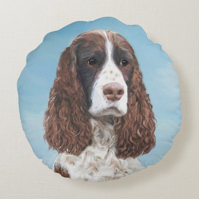 English Springer Spaniel Painting Original Dog Art Round Pillow (Back)