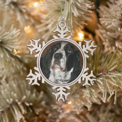 English Springer Spaniel Pet Photo Snowflake Pewter Christmas Ornament