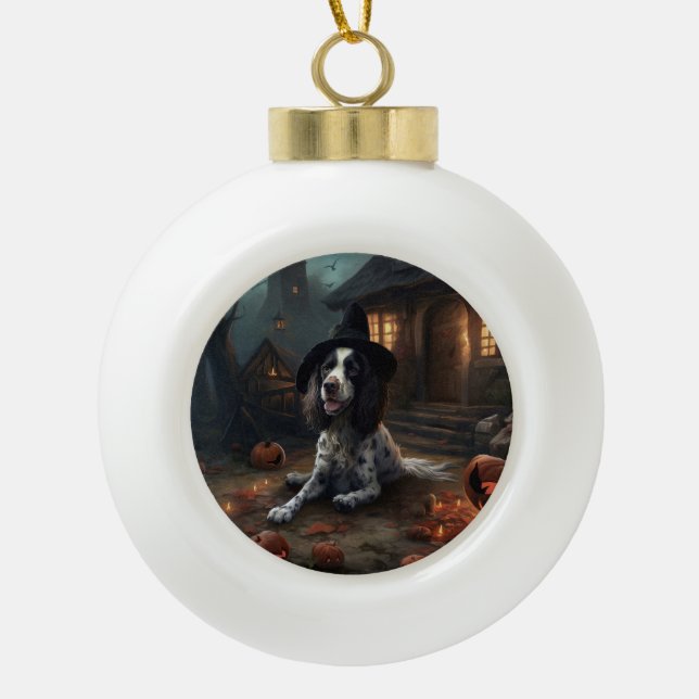 English Springer Spaniel Pumpkins Halloween Scary  Ceramic Ball Christmas Ornament (Front)