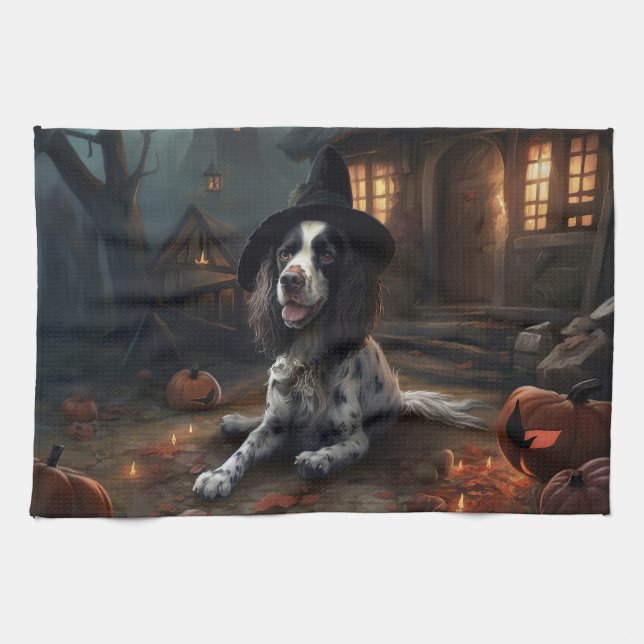 English Springer Spaniel Pumpkins Halloween Scary  Kitchen Towel (Horizontal)