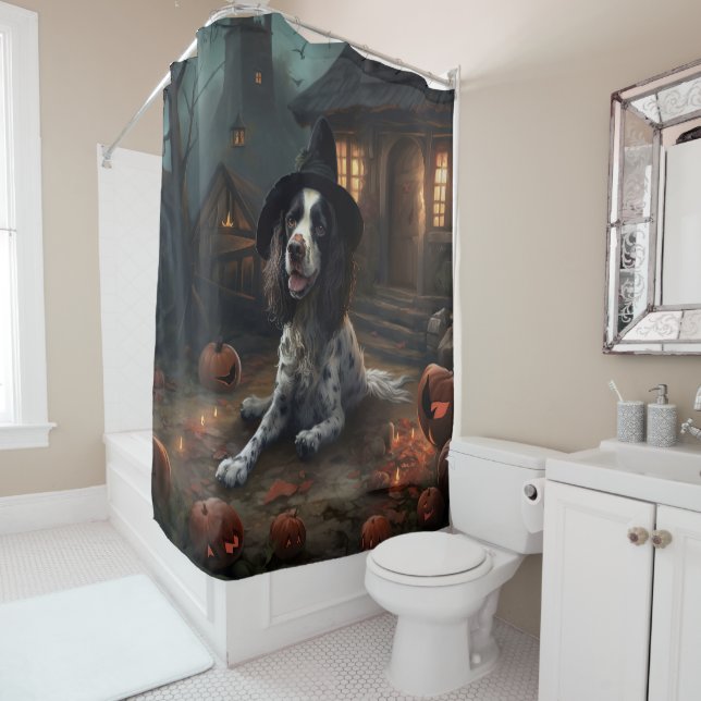 English Springer Spaniel Pumpkins Halloween Scary  Shower Curtain (In Situ)