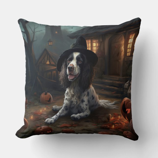 English Springer Spaniel Pumpkins Halloween Scary  Throw Pillow (Front)