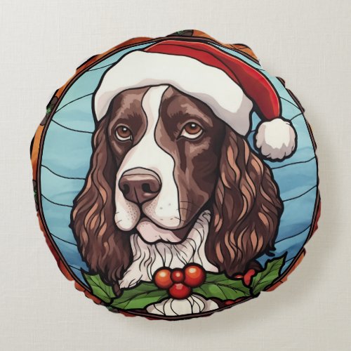 English Springer Spaniel Stained Glass Christmas Round Pillow