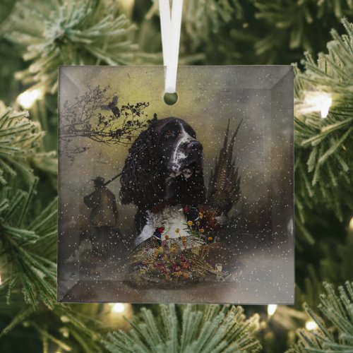 English Springer Spaniel with pheasant  Glass Ornament