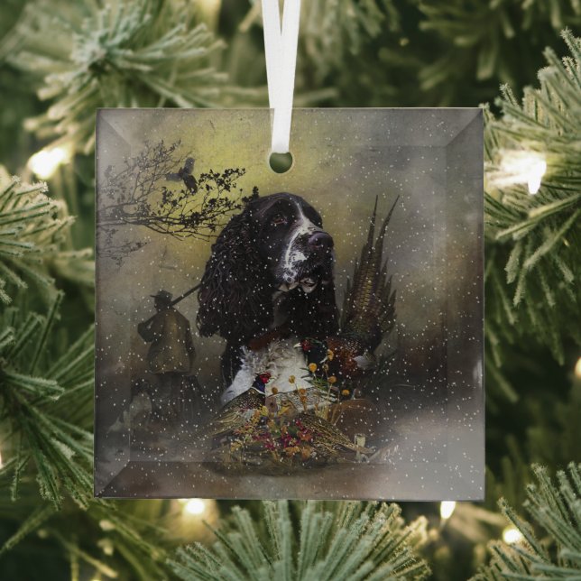 English Springer Spaniel with pheasant  Glass Ornament (Insitu)