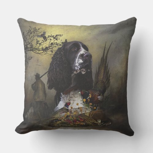 English Springer Spaniel with pheasant   Outdoor Pillow