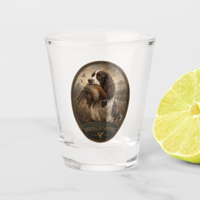 English Springer Spaniel with pheasant    Shot Glass (Front)