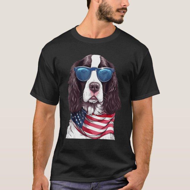 English Springer Spaniel with USA Flag 4th of July T-Shirt (Front)