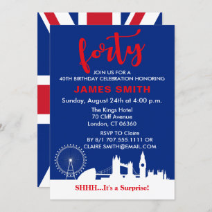 English Theme 40th Birthday Party Invitation