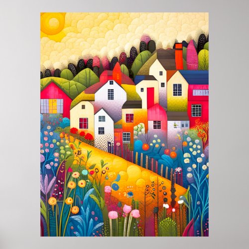 English Village and Flowers with Quilted Patterns Poster