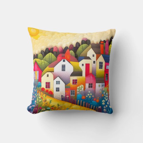 English Village and Flowers with Quilted Patterns Throw Pillow